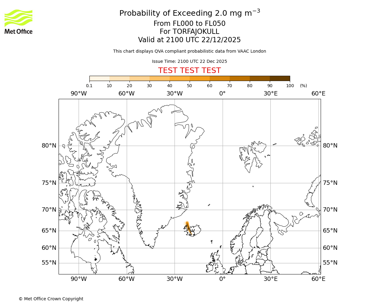 Probability of exceeding 2.0 milligrams per metre cubed. From 000 to 050 for TORFAJOKULL. Valid at 2100 UTC 22/12/2025