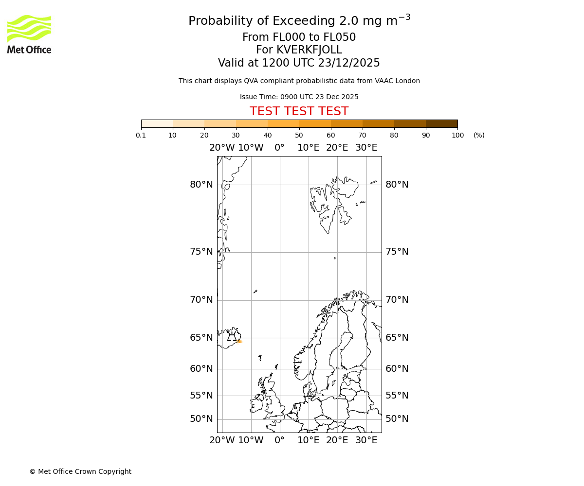 Probability of exceeding 2.0 milligrams per metre cubed. From 000 to 050 for KVERKFJOLL. Valid at 1200 UTC 23/12/2025