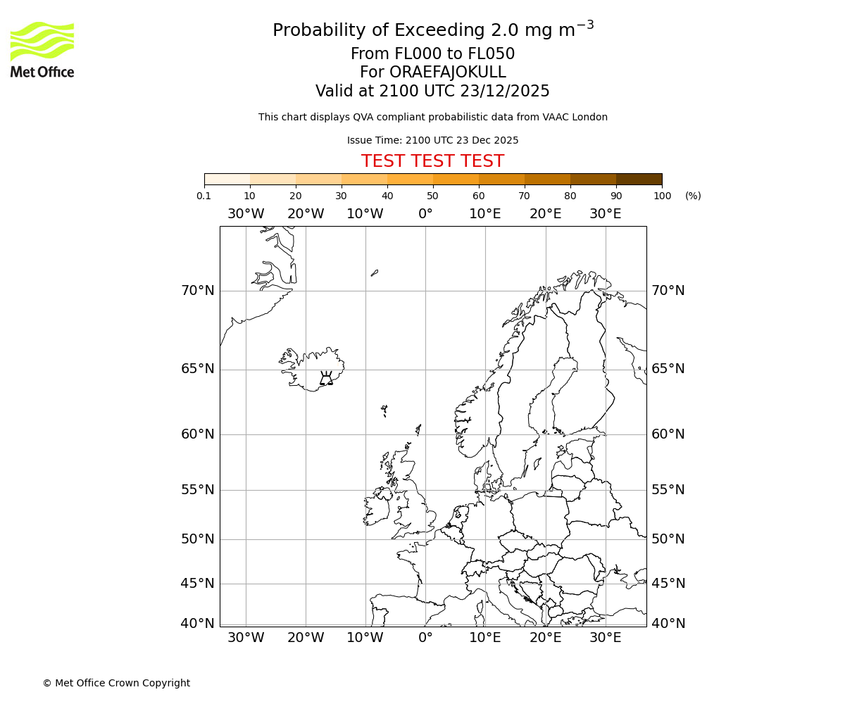 Probability of exceeding 2.0 milligrams per metre cubed. From 000 to 050 for ORAEFAJOKULL. Valid at 2100 UTC 23/12/2025
