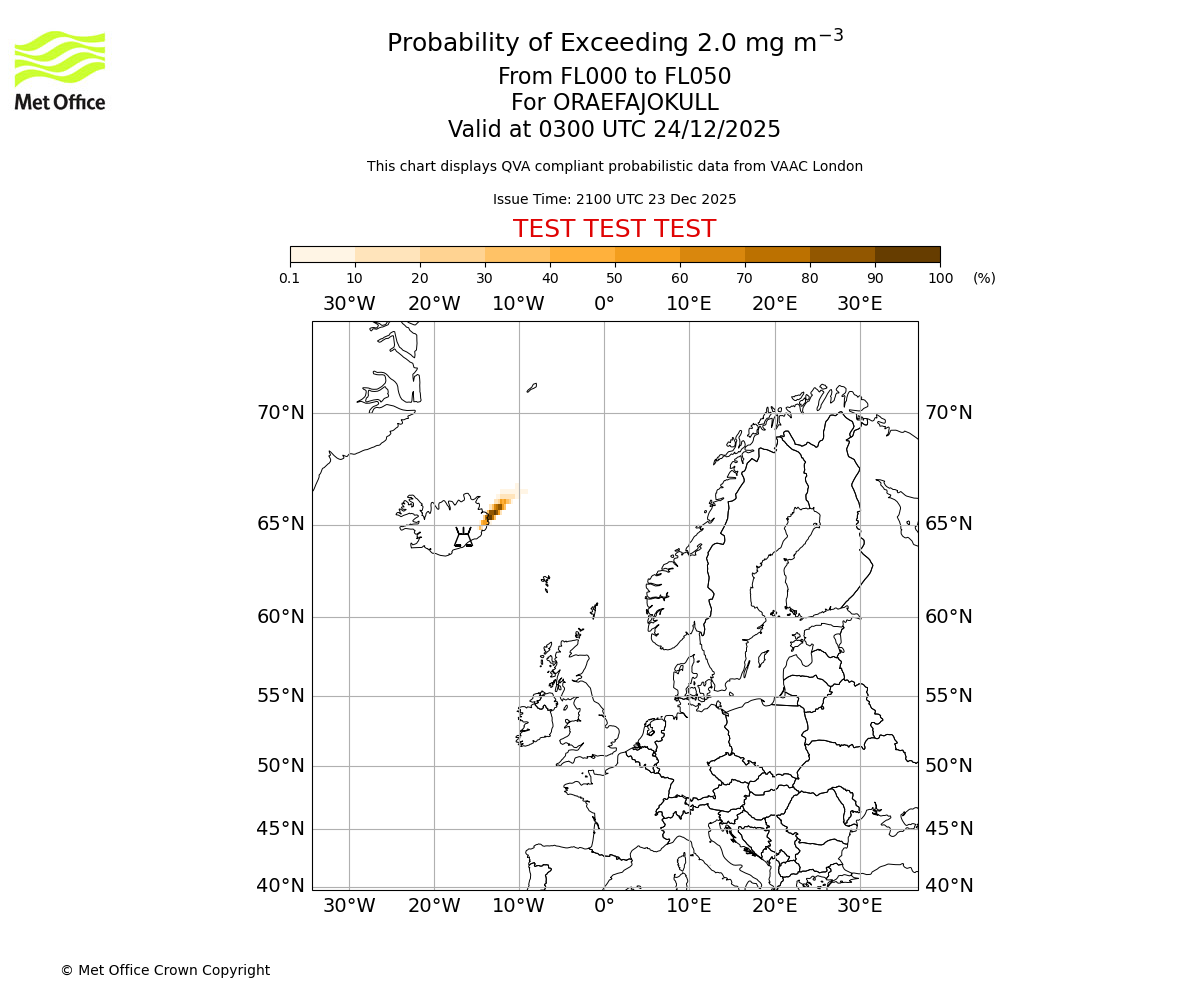 Probability of exceeding 2.0 milligrams per metre cubed. From 000 to 050 for ORAEFAJOKULL. Valid at 0300 UTC 24/12/2025