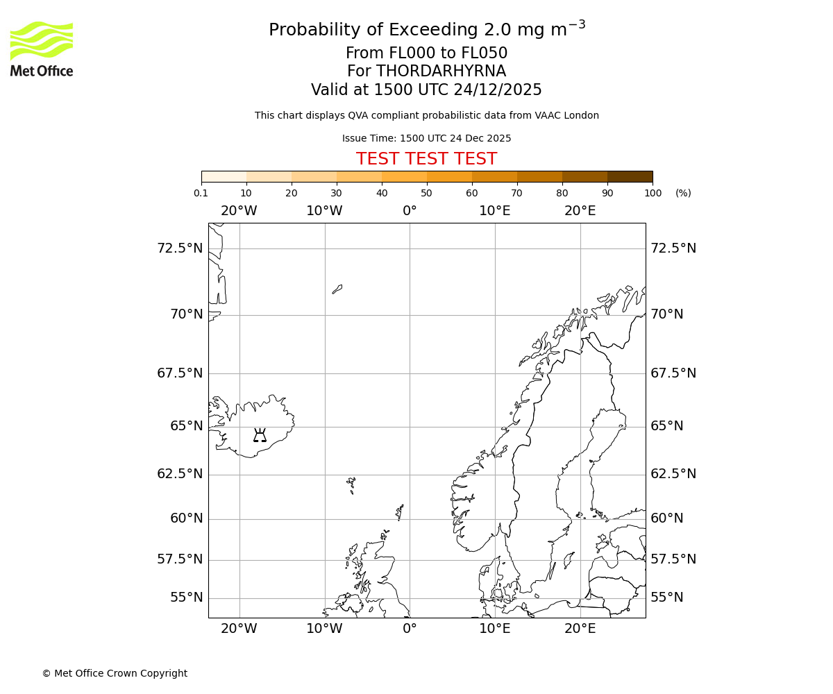Probability of exceeding 2.0 milligrams per metre cubed. From 000 to 050 for THORDARHYRNA. Valid at 1500 UTC 24/12/2025