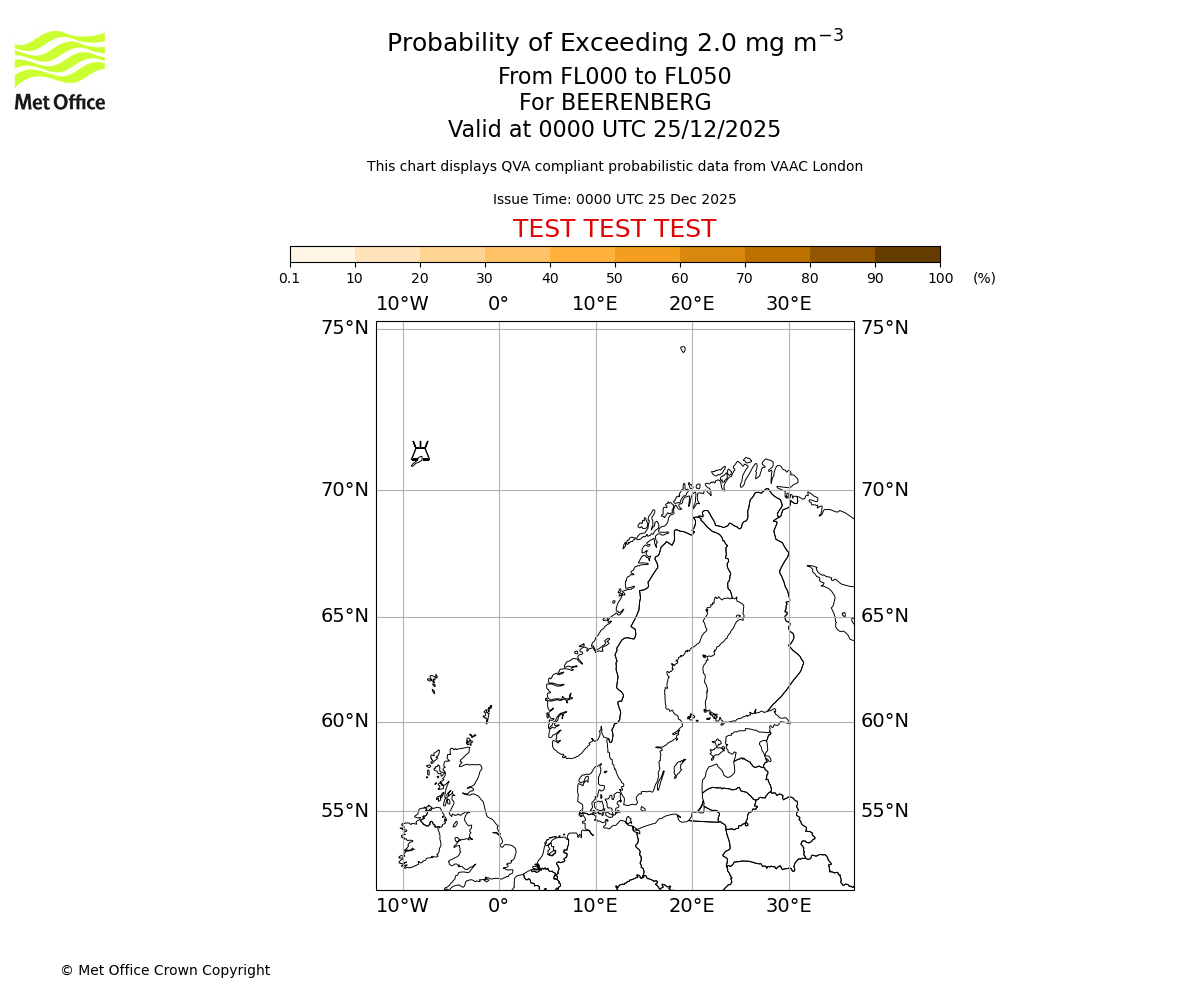 Probability of exceeding 2.0 milligrams per metre cubed. From 000 to 050 for BEERENBERG. Valid at 0000 UTC 25/12/2025