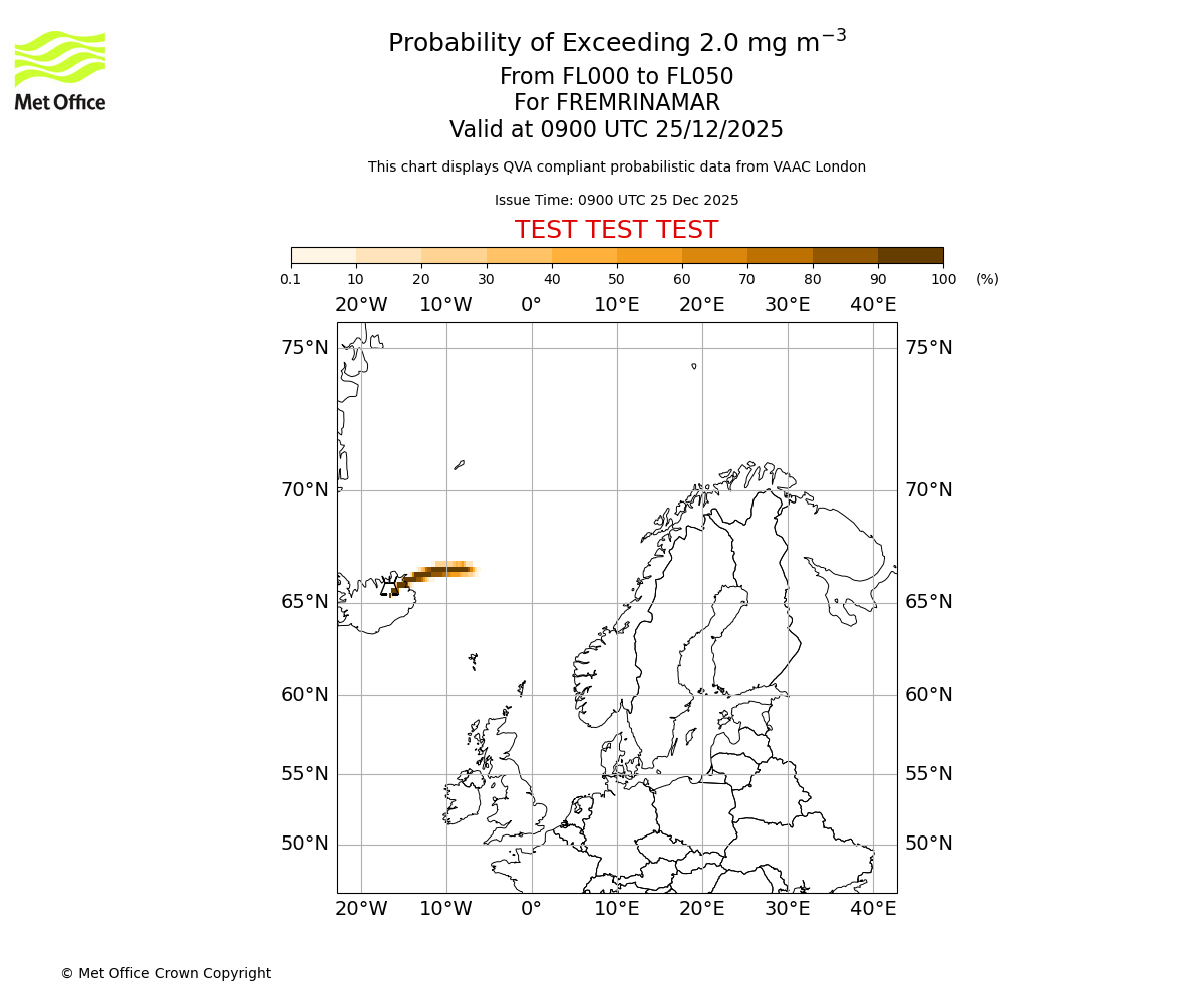 Probability of exceeding 2.0 milligrams per metre cubed. From 000 to 050 for FREMRINAMAR. Valid at 0900 UTC 25/12/2025