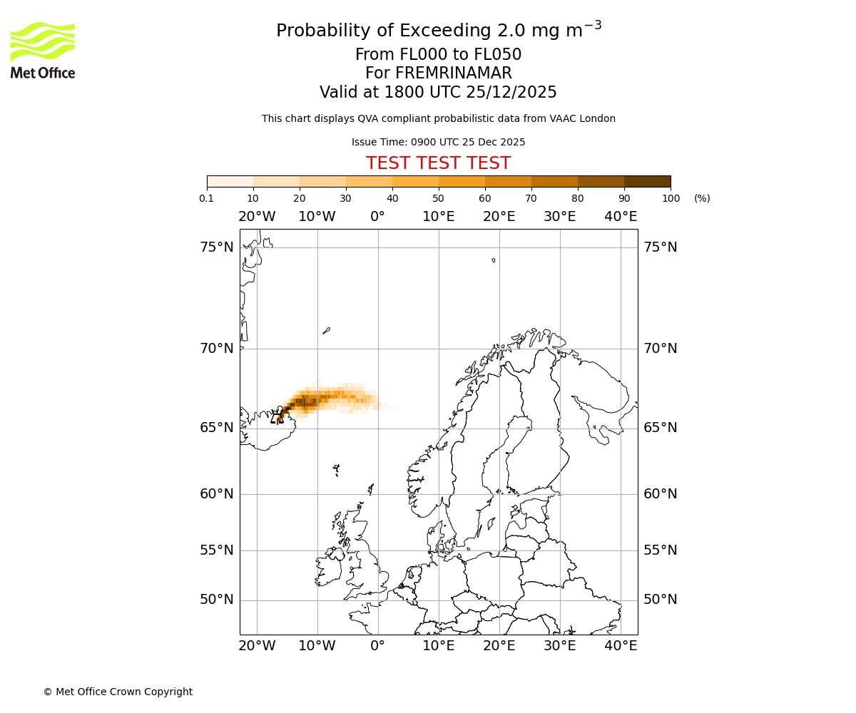 Probability of exceeding 2.0 milligrams per metre cubed. From 000 to 050 for FREMRINAMAR. Valid at 1800 UTC 25/12/2025