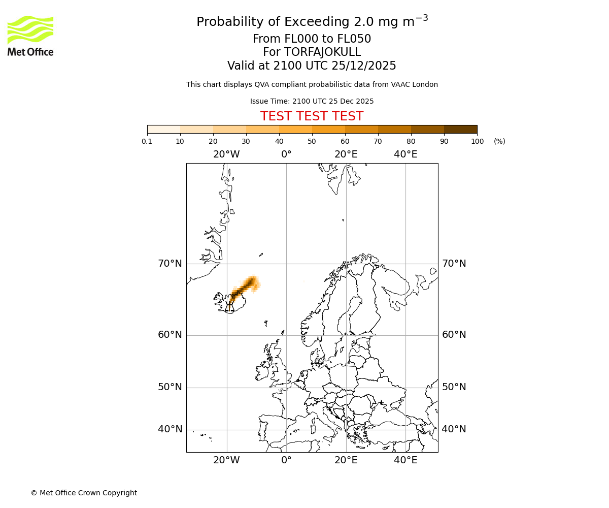 Probability of exceeding 2.0 milligrams per metre cubed. From 000 to 050 for TORFAJOKULL. Valid at 2100 UTC 25/12/2025