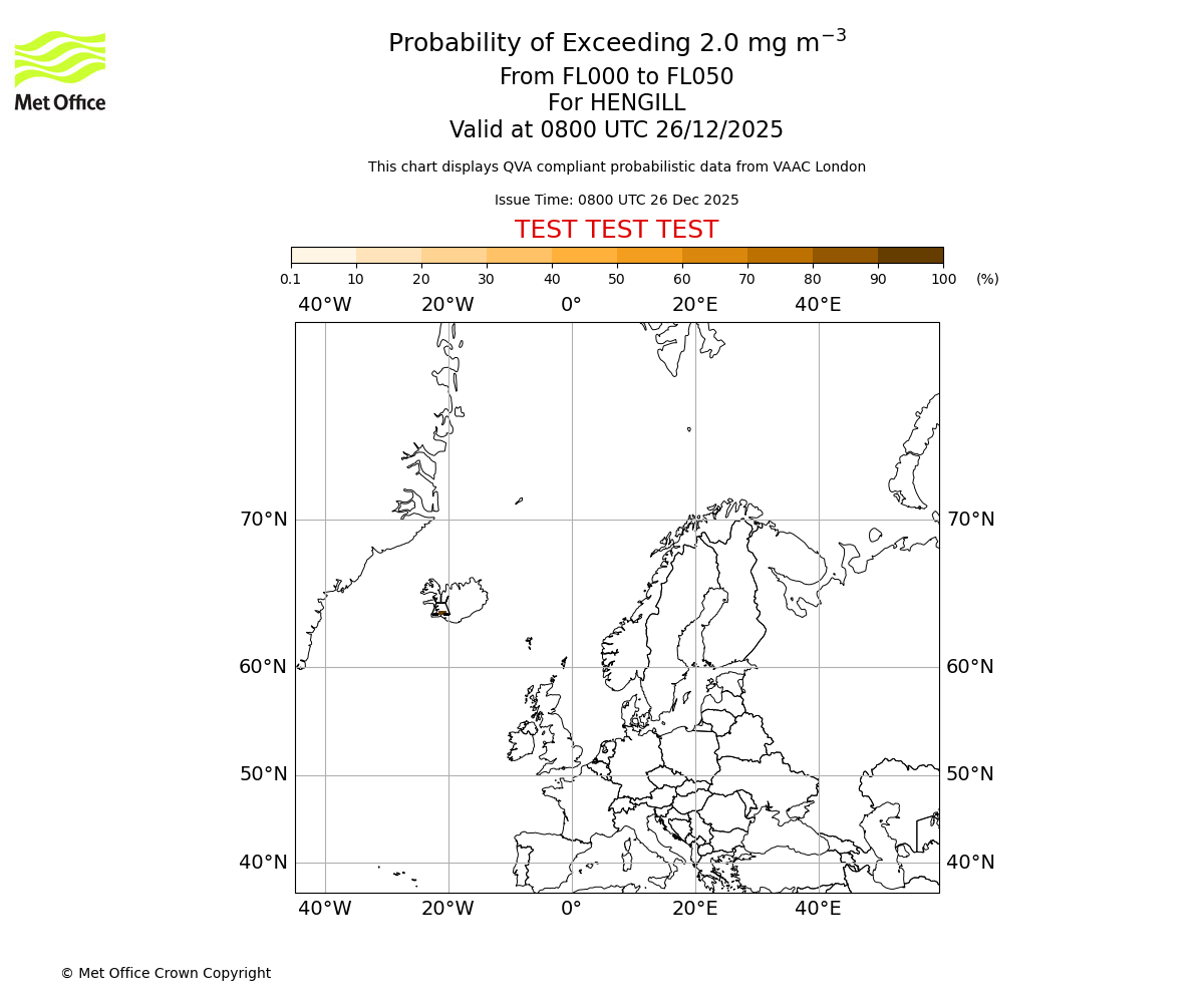 Probability of exceeding 2.0 milligrams per metre cubed. From 000 to 050 for HENGILL. Valid at 0800 UTC 26/12/2025