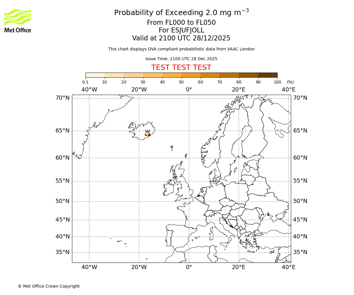 Probability of exceeding 2.0 milligrams per metre cubed. From 000 to 050 for ESJUFJOLL. Valid at 2100 UTC 28/12/2025