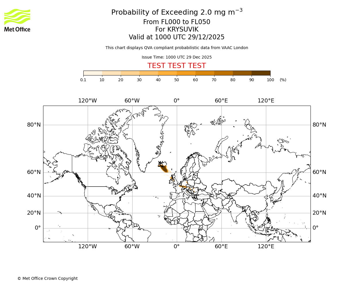 Probability of exceeding 2.0 milligrams per metre cubed. From 000 to 050 for KRYSUVIK. Valid at 1000 UTC 29/12/2025