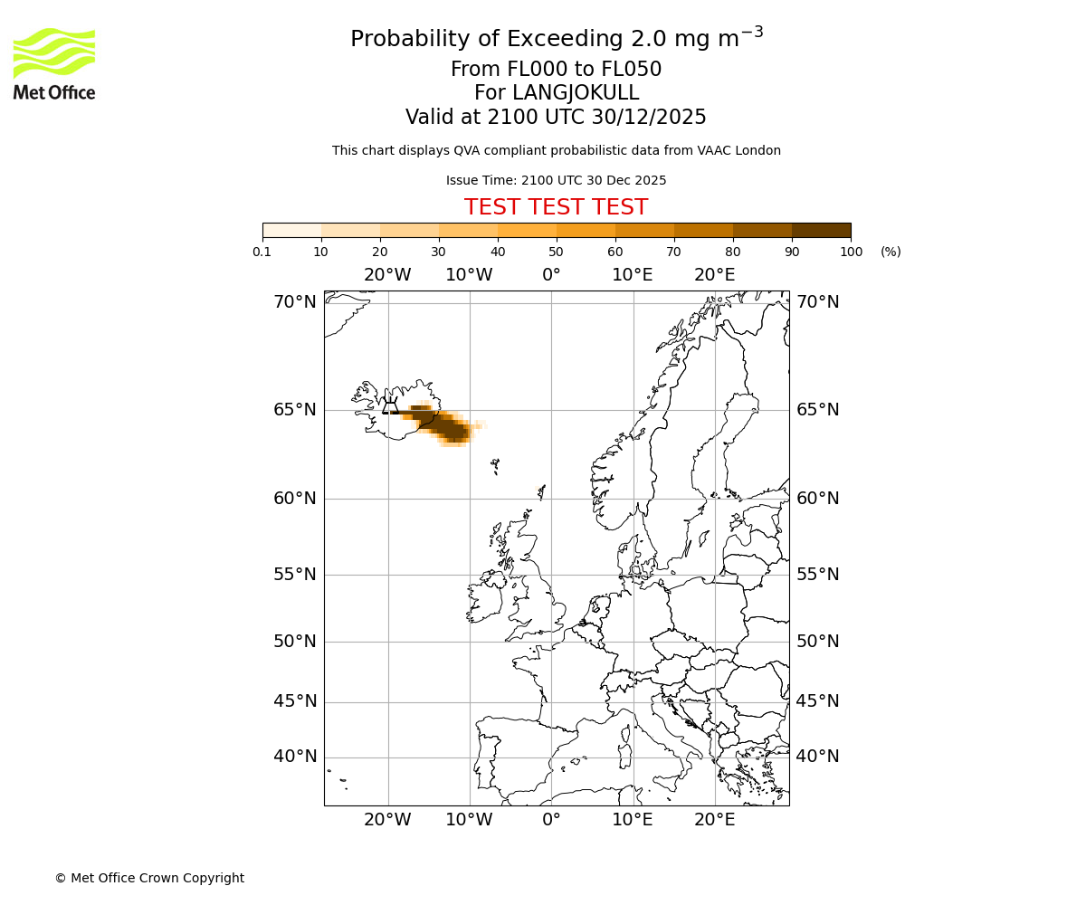 Probability of exceeding 2.0 milligrams per metre cubed. From 000 to 050 for LANGJOKULL. Valid at 2100 UTC 30/12/2025