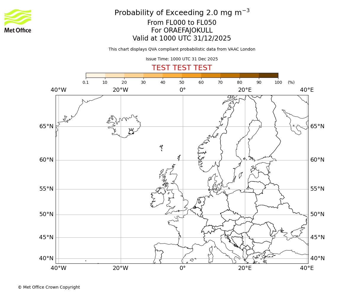 Probability of exceeding 2.0 milligrams per metre cubed. From 000 to 050 for ORAEFAJOKULL. Valid at 1000 UTC 31/12/2025