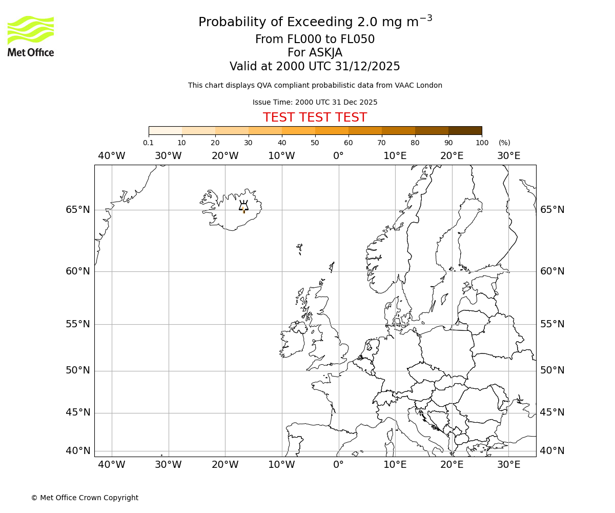 Probability of exceeding 2.0 milligrams per metre cubed. From 000 to 050 for ASKJA. Valid at 2000 UTC 31/12/2025