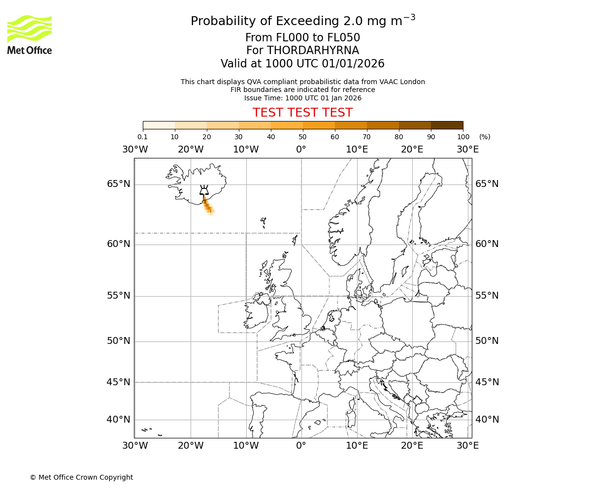 Probability of exceeding 2.0 milligrams per metre cubed. From 000 to 050 for THORDARHYRNA. Valid at 1000 UTC 01/01/2026