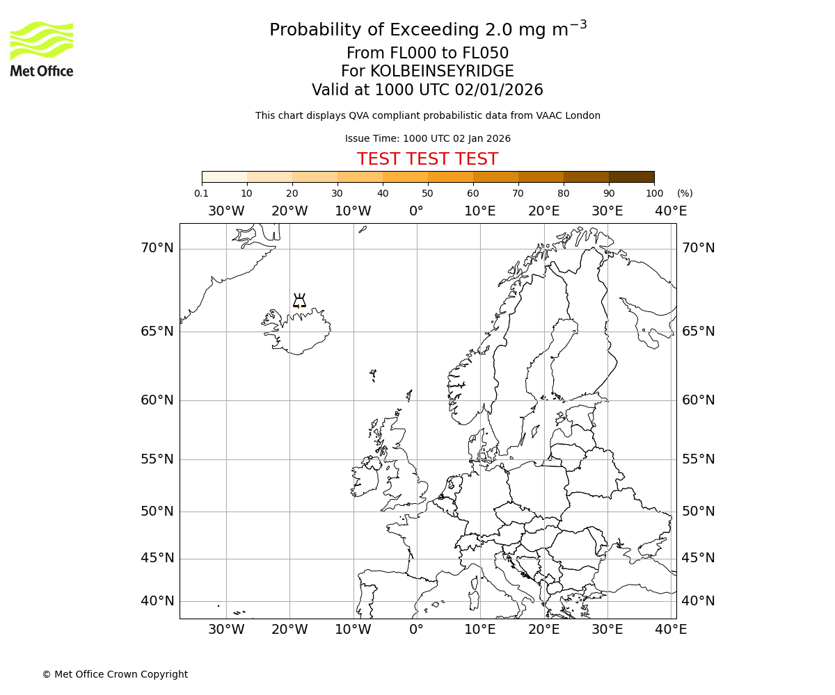 Probability of exceeding 2.0 milligrams per metre cubed. From 000 to 050 for KOLBEINSEYRIDGE. Valid at 1000 UTC 02/01/2026