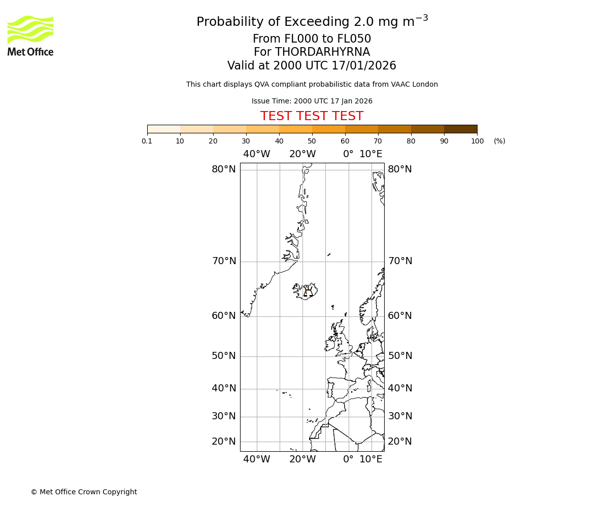 Probability of exceeding 2.0 milligrams per metre cubed. From 000 to 050 for THORDARHYRNA. Valid at 2000 UTC 17/01/2026