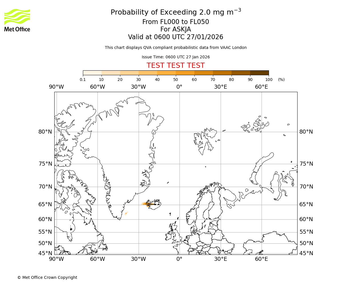 Probability of exceeding 2.0 milligrams per metre cubed. From 000 to 050 for ASKJA. Valid at 0600 UTC 27/01/2026