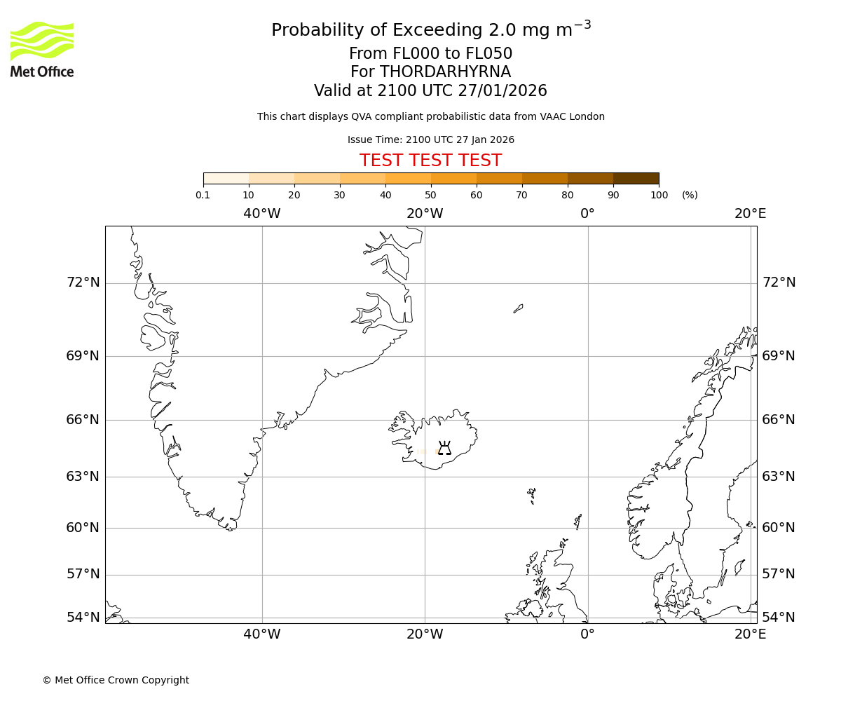 Probability of exceeding 2.0 milligrams per metre cubed. From 000 to 050 for THORDARHYRNA. Valid at 2100 UTC 27/01/2026