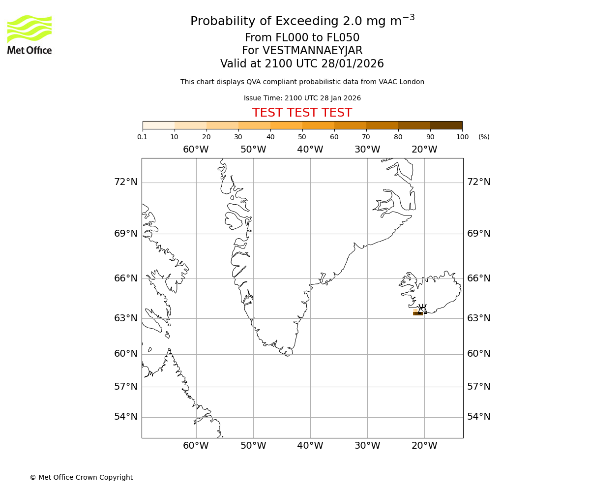Probability of exceeding 2.0 milligrams per metre cubed. From 000 to 050 for VESTMANNAEYJAR. Valid at 2100 UTC 28/01/2026
