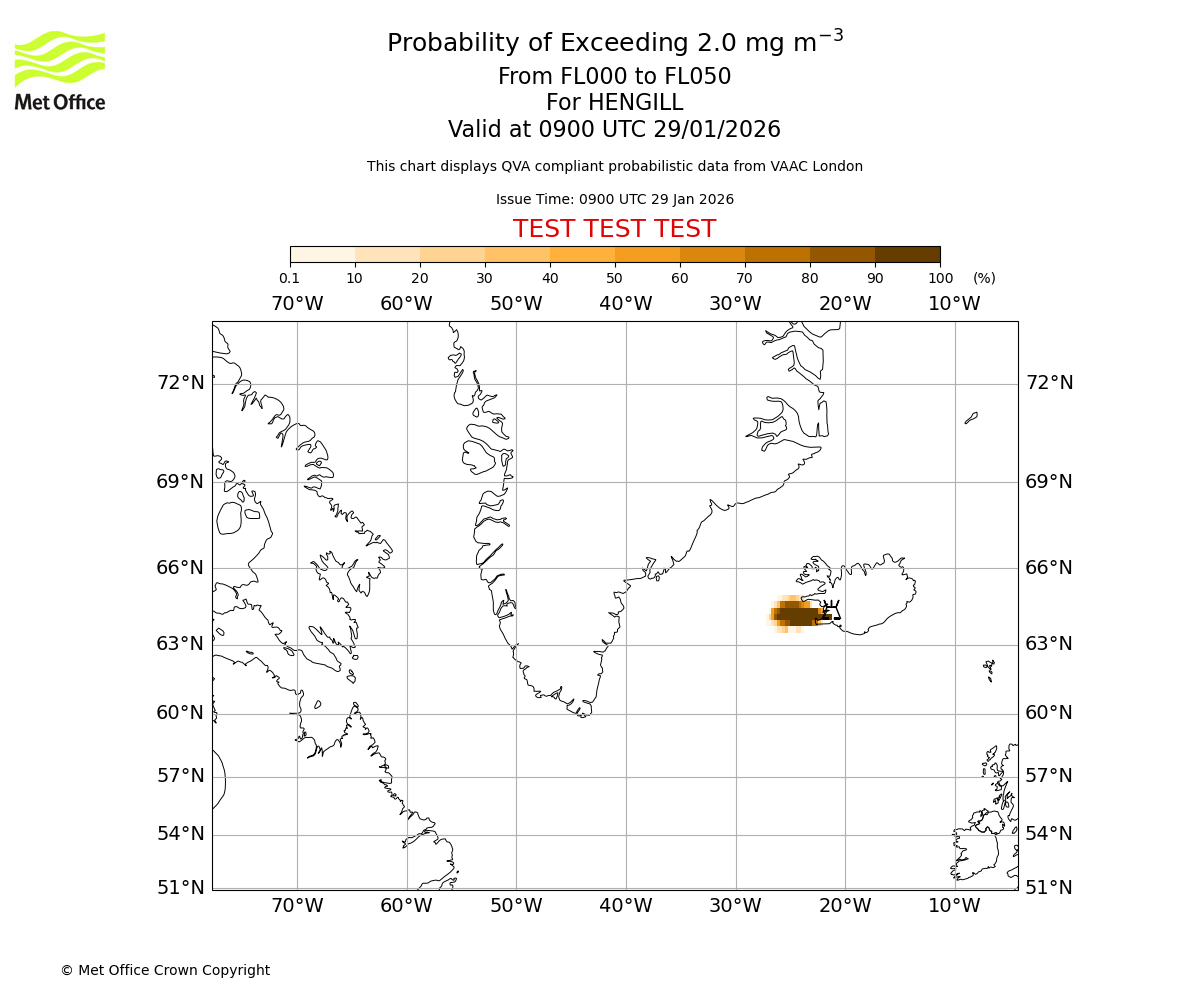 Probability of exceeding 2.0 milligrams per metre cubed. From 000 to 050 for HENGILL. Valid at 0900 UTC 29/01/2026