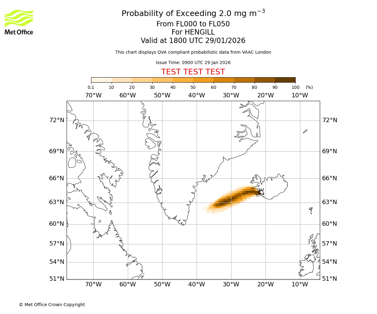 Probability of exceeding 2.0 milligrams per metre cubed. From 000 to 050 for HENGILL. Valid at 1800 UTC 29/01/2026