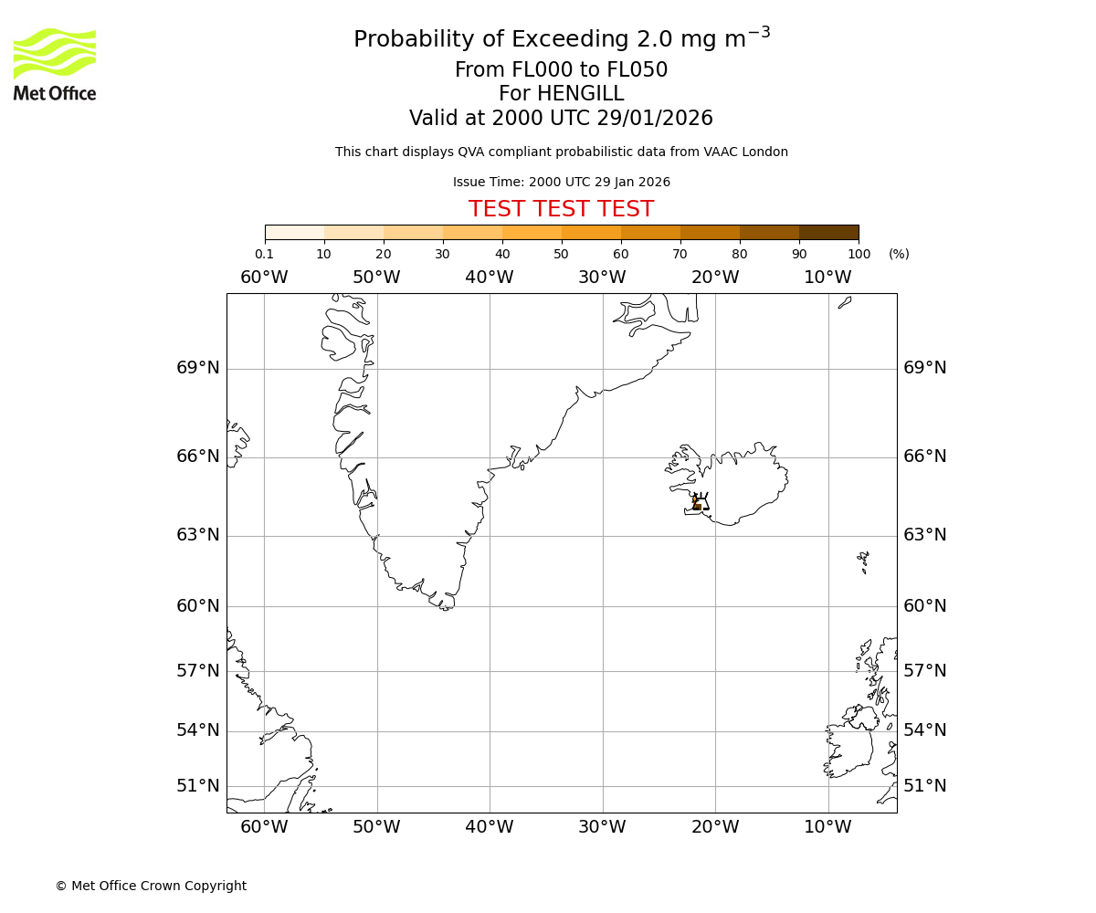 Probability of exceeding 2.0 milligrams per metre cubed. From 000 to 050 for HENGILL. Valid at 2000 UTC 29/01/2026