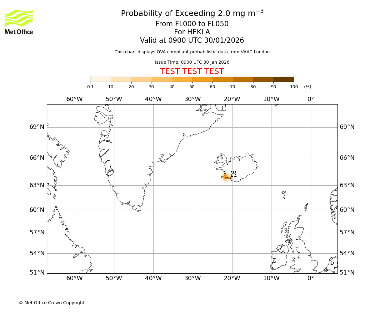 Probability of exceeding 2.0 milligrams per metre cubed. From 000 to 050 for HEKLA. Valid at 0900 UTC 30/01/2026