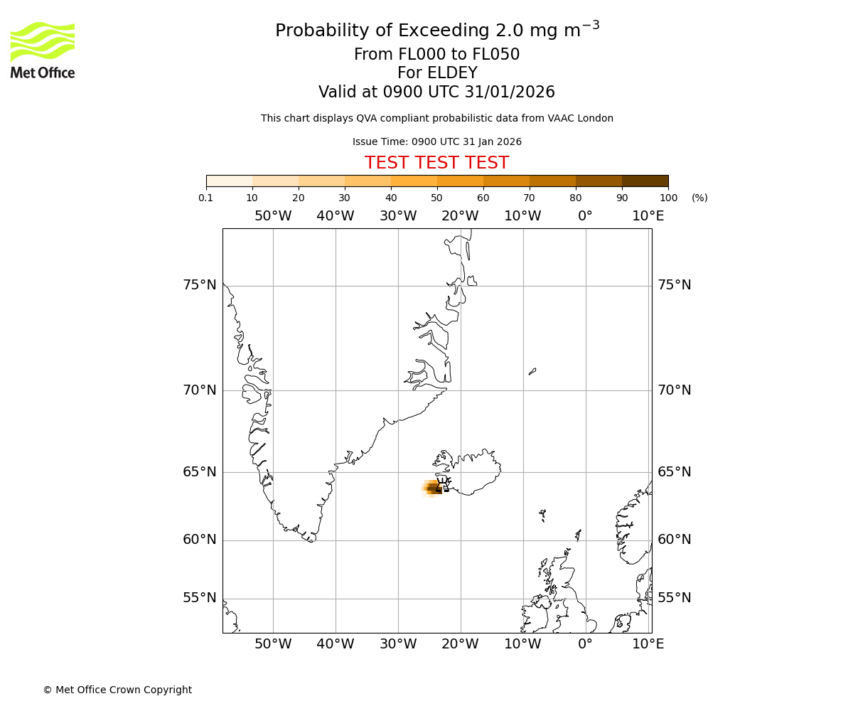 Probability of exceeding 2.0 milligrams per metre cubed. From 000 to 050 for ELDEY. Valid at 0900 UTC 31/01/2026