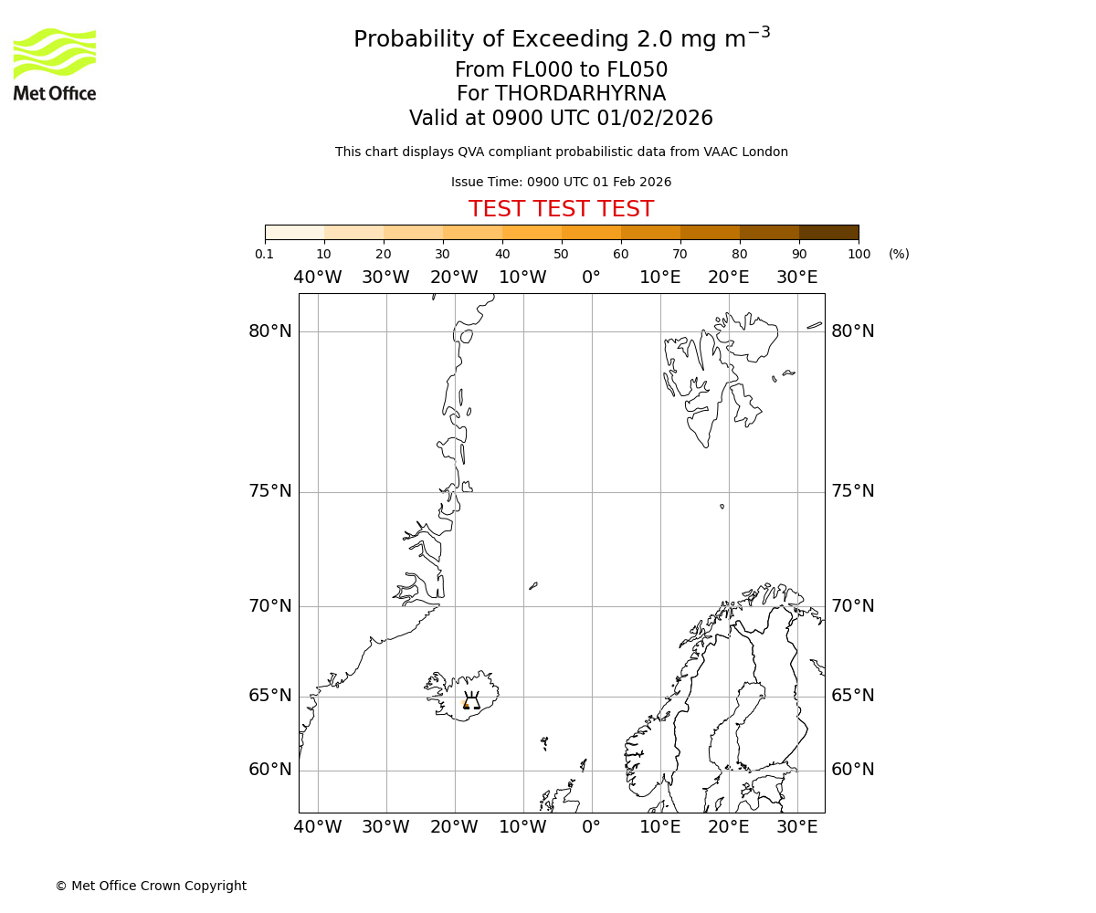 Probability of exceeding 2.0 milligrams per metre cubed. From 000 to 050 for THORDARHYRNA. Valid at 0900 UTC 01/02/2026