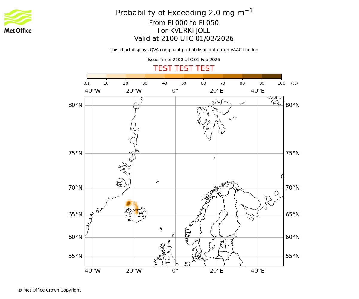 Probability of exceeding 2.0 milligrams per metre cubed. From 000 to 050 for KVERKFJOLL. Valid at 2100 UTC 01/02/2026