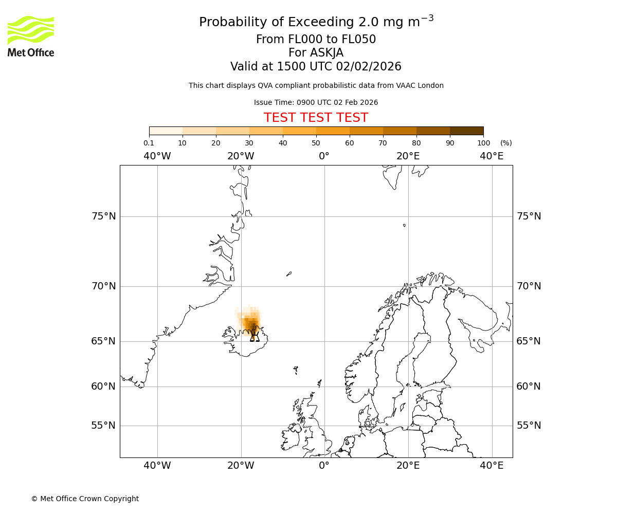 Probability of exceeding 2.0 milligrams per metre cubed. From 000 to 050 for ASKJA. Valid at 1500 UTC 02/02/2026