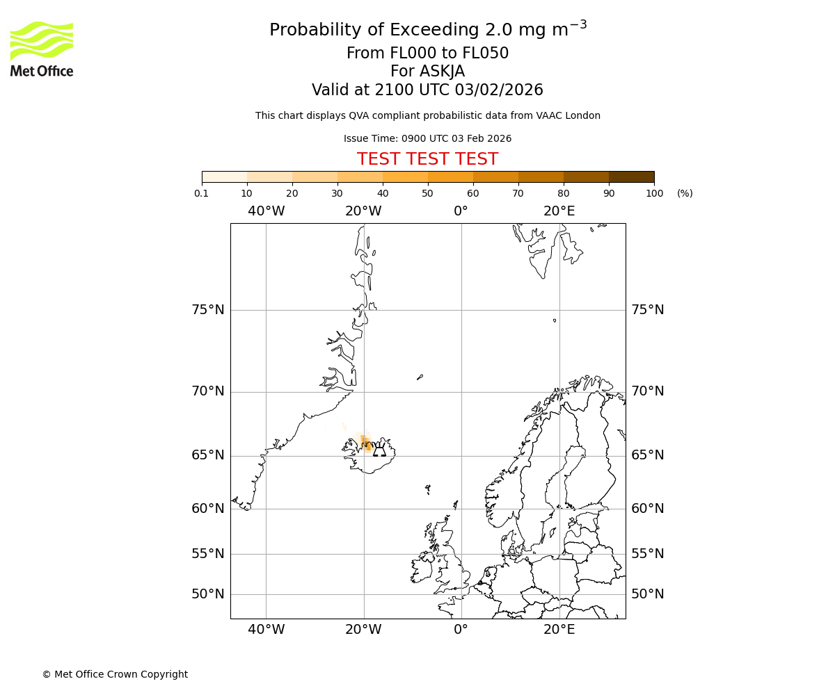 Probability of exceeding 2.0 milligrams per metre cubed. From 000 to 050 for ASKJA. Valid at 2100 UTC 03/02/2026
