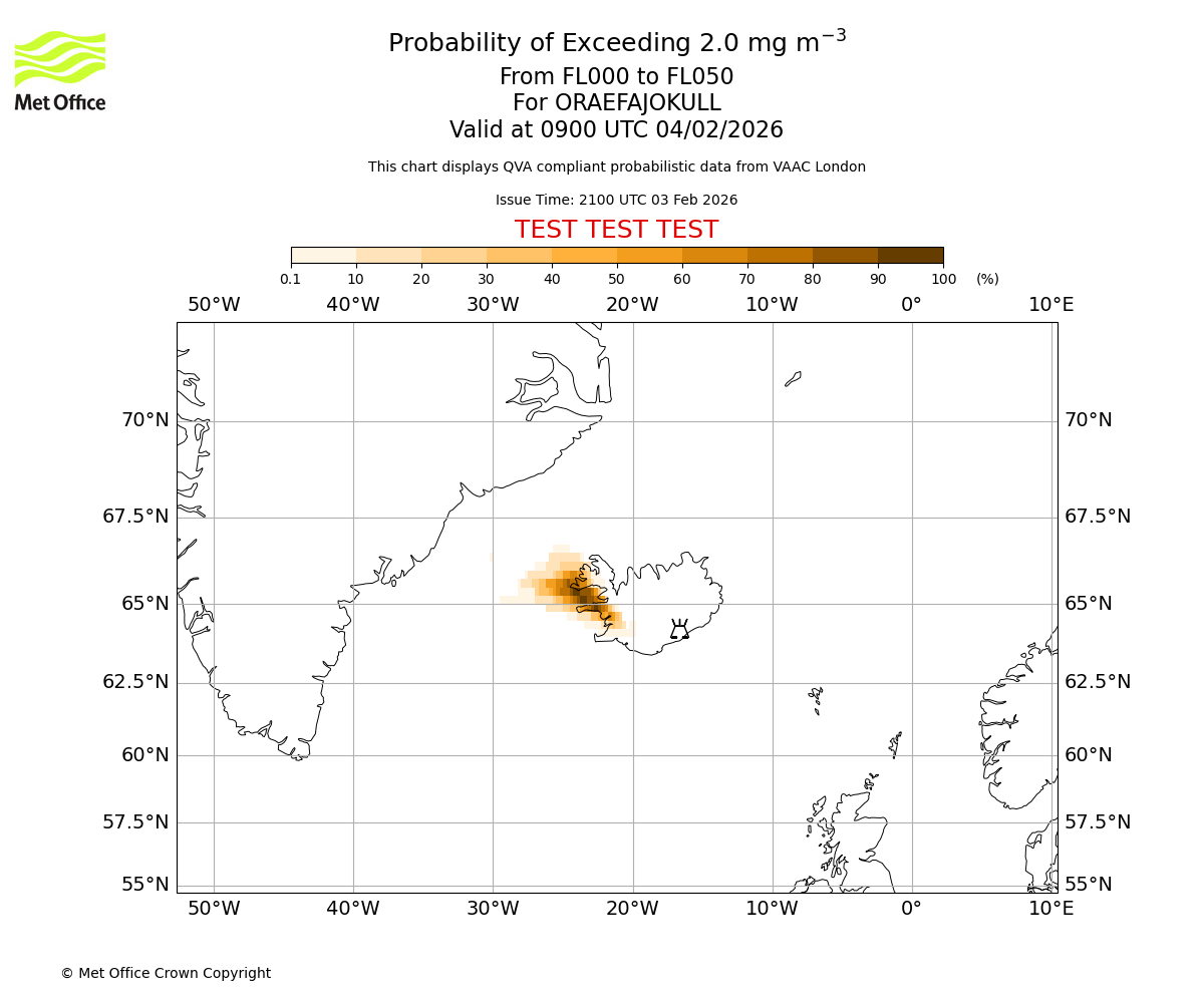 Probability of exceeding 2.0 milligrams per metre cubed. From 000 to 050 for ORAEFAJOKULL. Valid at 0900 UTC 04/02/2026