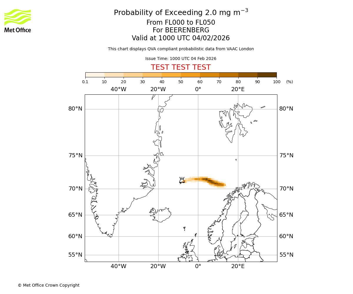 Probability of exceeding 2.0 milligrams per metre cubed. From 000 to 050 for BEERENBERG. Valid at 1000 UTC 04/02/2026