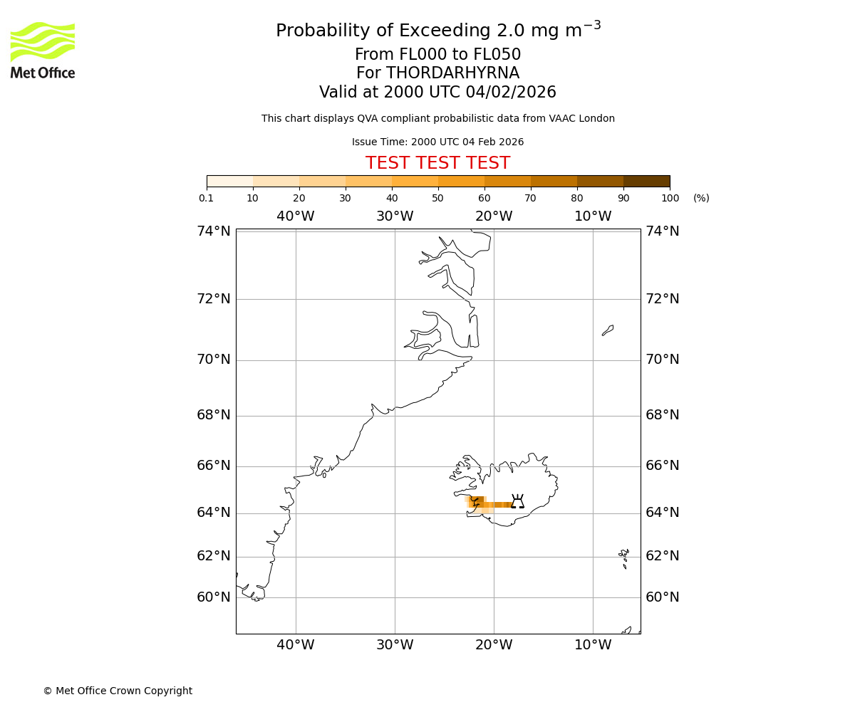 Probability of exceeding 2.0 milligrams per metre cubed. From 000 to 050 for THORDARHYRNA. Valid at 2000 UTC 04/02/2026