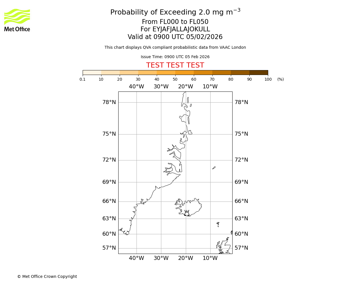 Probability of exceeding 2.0 milligrams per metre cubed. From 000 to 050 for EYJAFJALLAJOKULL. Valid at 0900 UTC 05/02/2026
