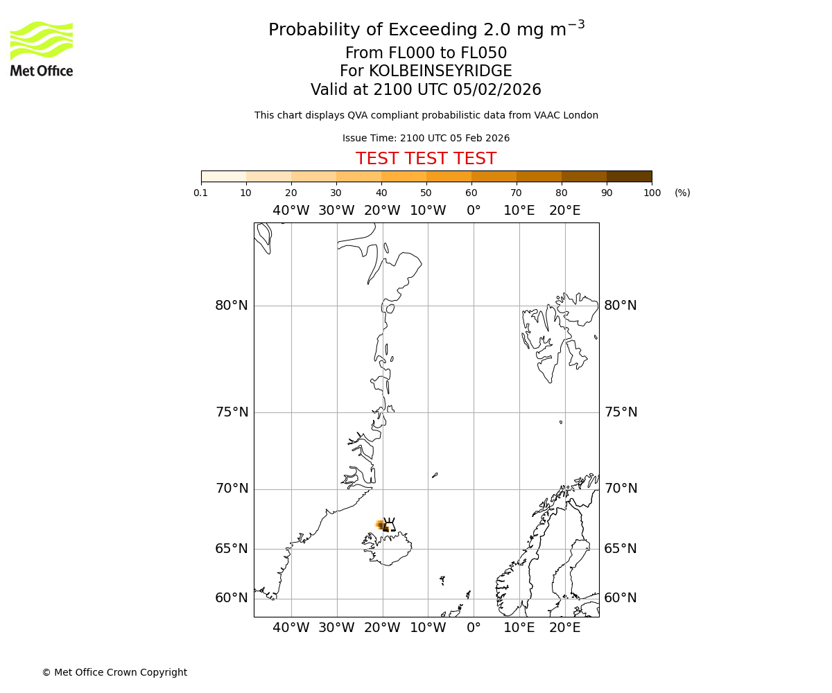 Probability of exceeding 2.0 milligrams per metre cubed. From 000 to 050 for KOLBEINSEYRIDGE. Valid at 2100 UTC 05/02/2026