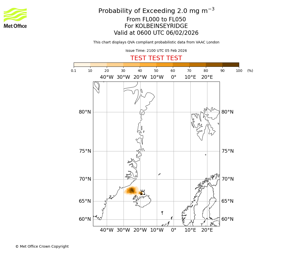 Probability of exceeding 2.0 milligrams per metre cubed. From 000 to 050 for KOLBEINSEYRIDGE. Valid at 0600 UTC 06/02/2026