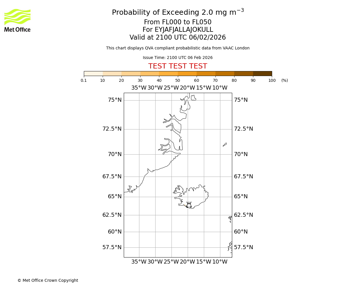 Probability of exceeding 2.0 milligrams per metre cubed. From 000 to 050 for EYJAFJALLAJOKULL. Valid at 2100 UTC 06/02/2026