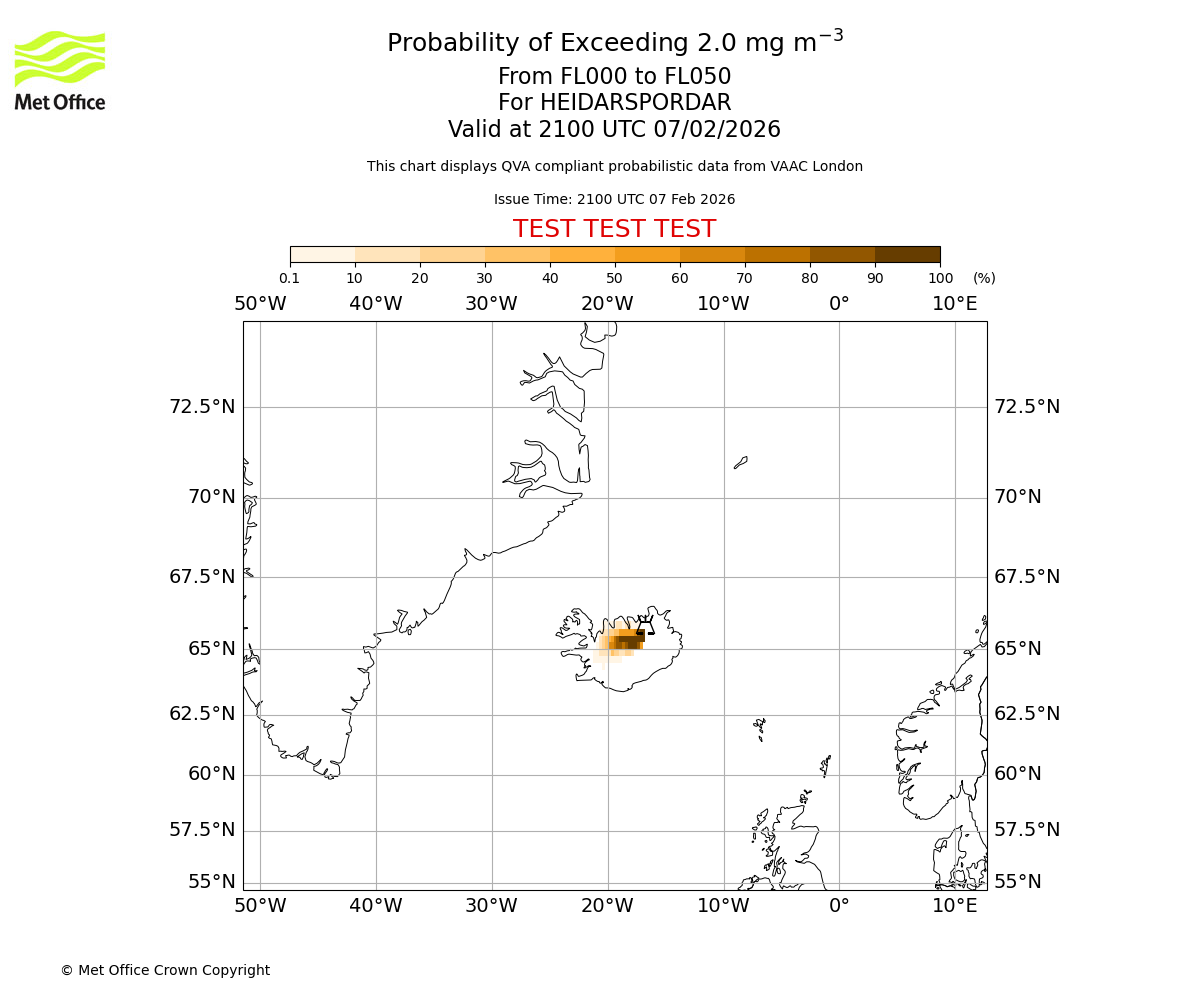 Probability of exceeding 2.0 milligrams per metre cubed. From 000 to 050 for HEIDARSPORDAR. Valid at 2100 UTC 07/02/2026