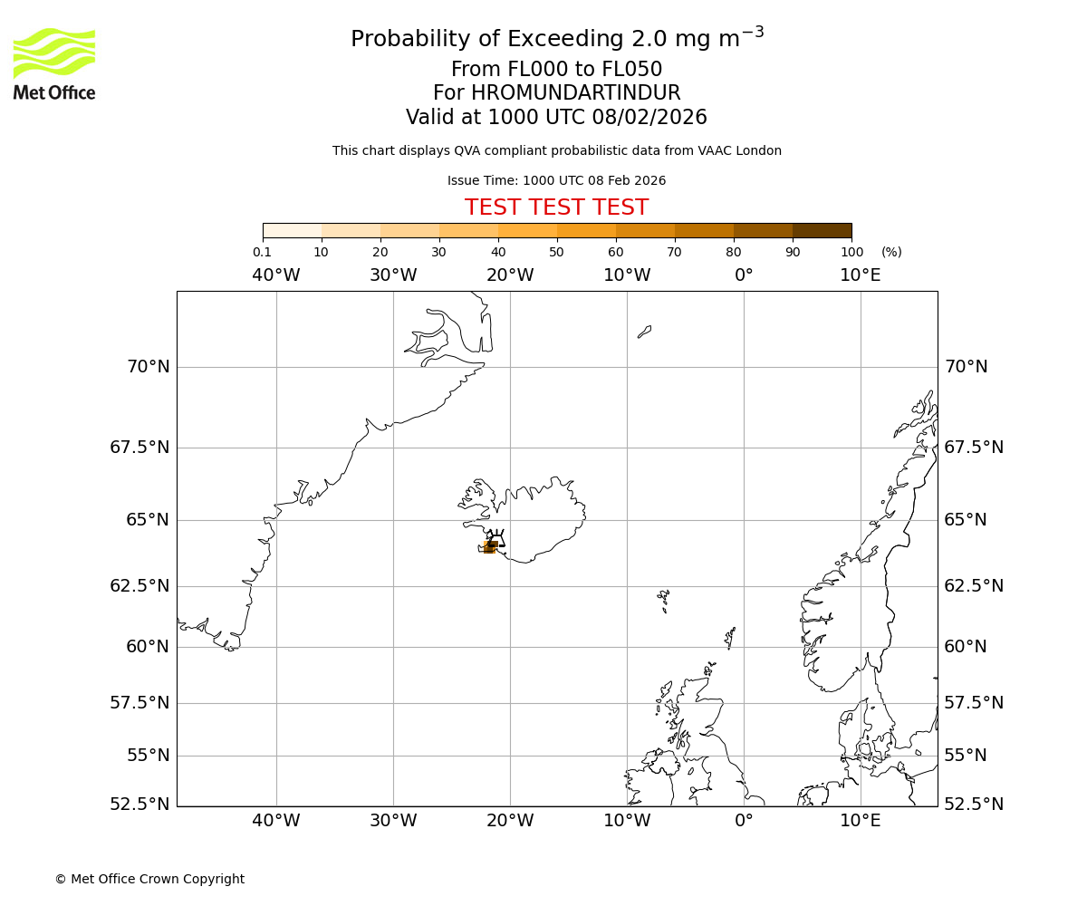 Probability of exceeding 2.0 milligrams per metre cubed. From 000 to 050 for HROMUNDARTINDUR. Valid at 1000 UTC 08/02/2026