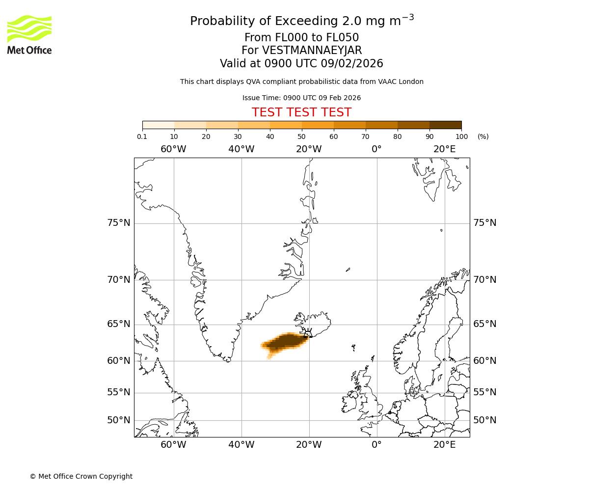 Probability of exceeding 2.0 milligrams per metre cubed. From 000 to 050 for VESTMANNAEYJAR. Valid at 0900 UTC 09/02/2026