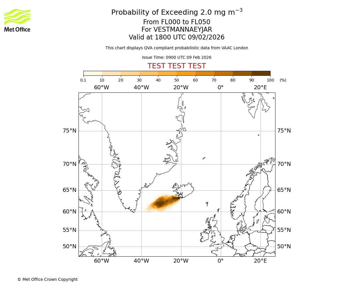 Probability of exceeding 2.0 milligrams per metre cubed. From 000 to 050 for VESTMANNAEYJAR. Valid at 1800 UTC 09/02/2026