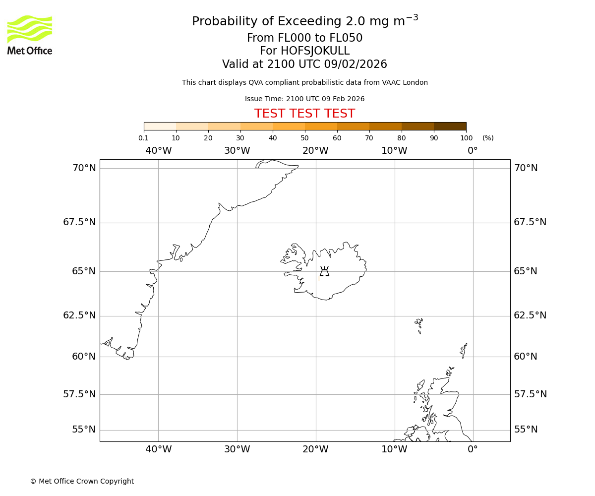 Probability of exceeding 2.0 milligrams per metre cubed. From 000 to 050 for HOFSJOKULL. Valid at 2100 UTC 09/02/2026
