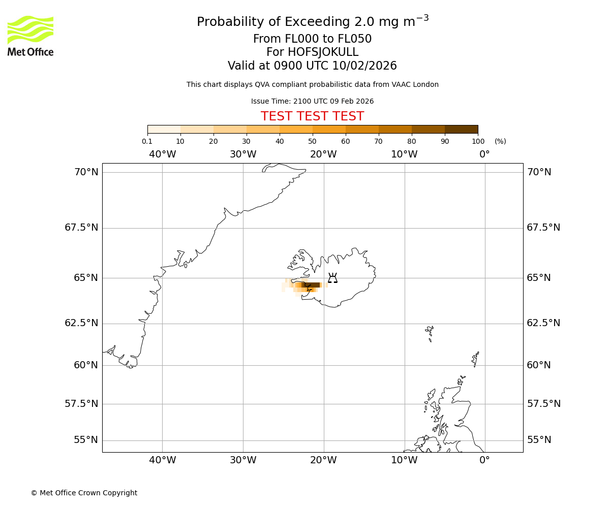 Probability of exceeding 2.0 milligrams per metre cubed. From 000 to 050 for HOFSJOKULL. Valid at 0900 UTC 10/02/2026