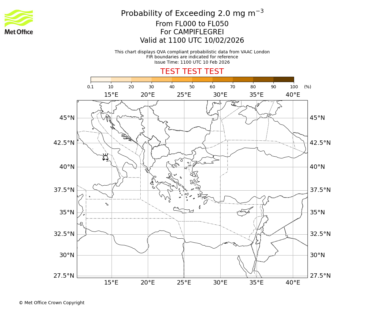 Probability of exceeding 2.0 milligrams per metre cubed. From 000 to 050 for CAMPIFLEGREI. Valid at 1100 UTC 10/02/2026