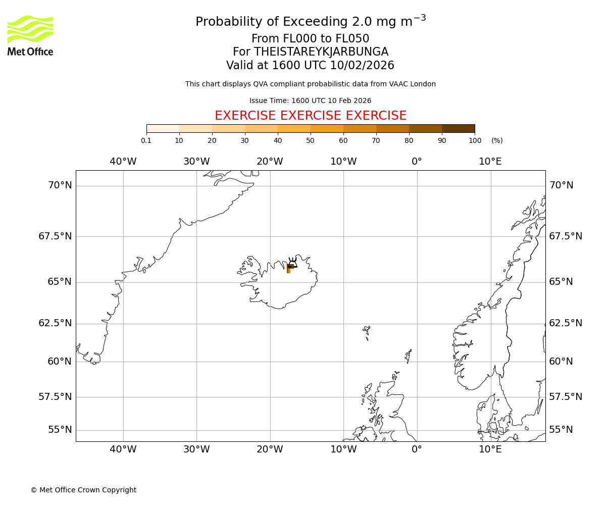 Probability of exceeding 2.0 milligrams per metre cubed. From 000 to 050 for THEISTAREYKJARBUNGA. Valid at 1600 UTC 10/02/2026