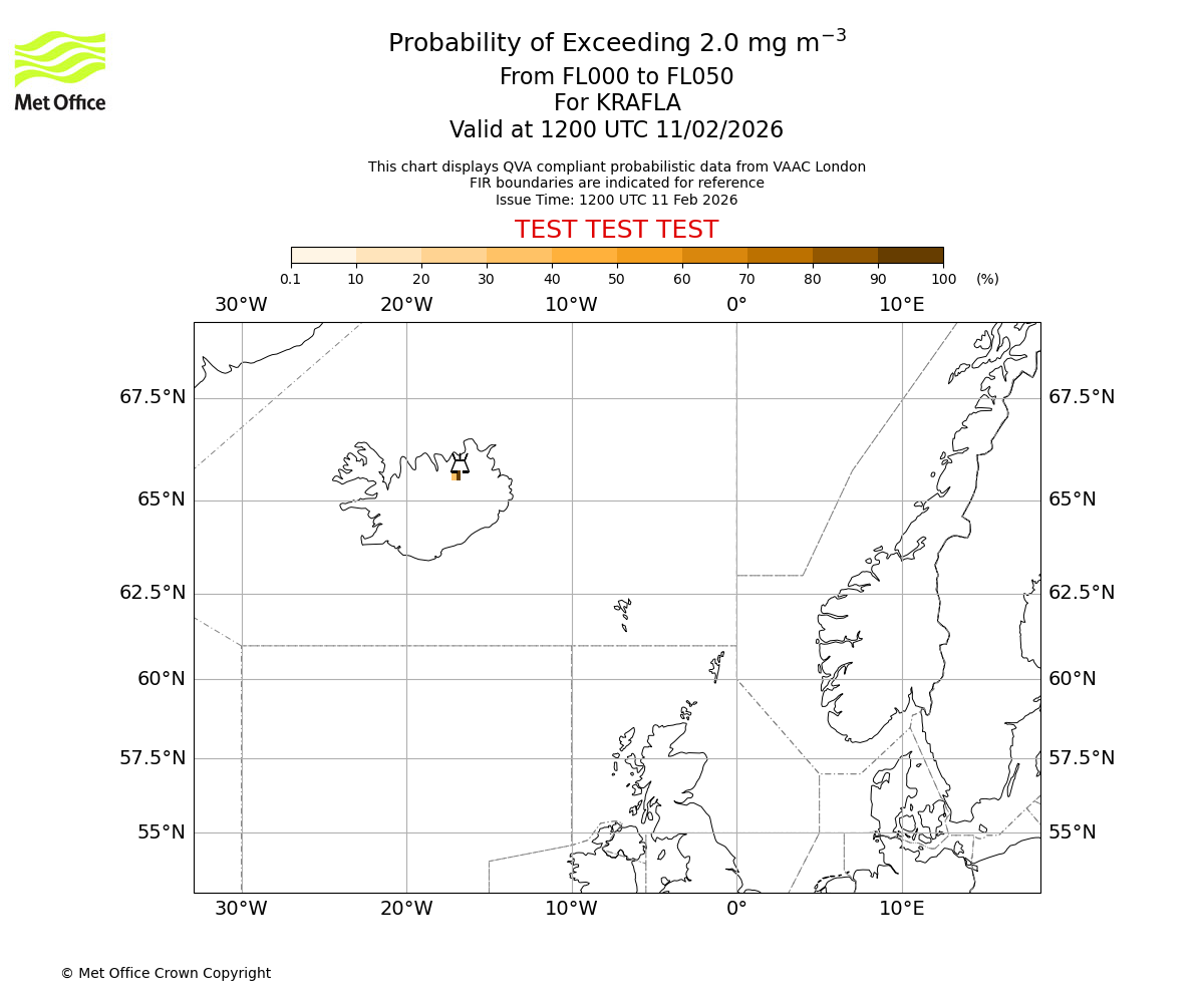 Probability of exceeding 2.0 milligrams per metre cubed. From 000 to 050 for KRAFLA. Valid at 1200 UTC 11/02/2026