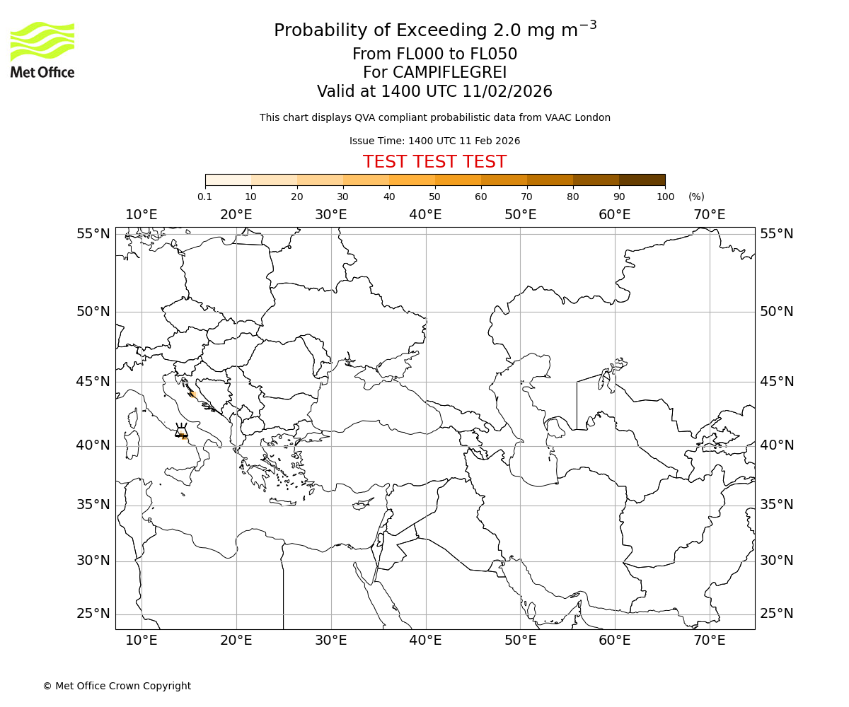 Probability of exceeding 2.0 milligrams per metre cubed. From 000 to 050 for CAMPIFLEGREI. Valid at 1400 UTC 11/02/2026