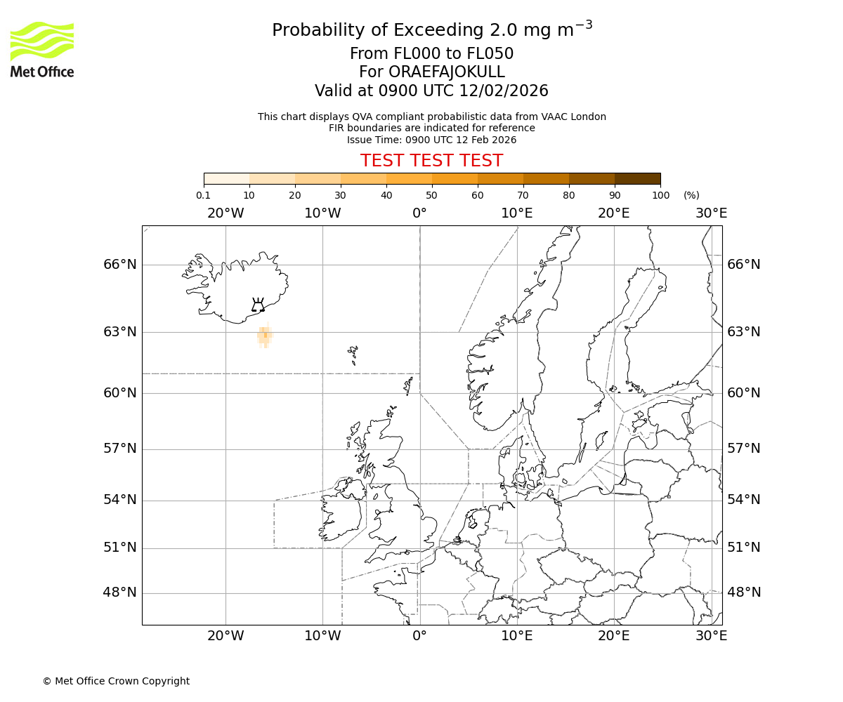 Probability of exceeding 2.0 milligrams per metre cubed. From 000 to 050 for ORAEFAJOKULL. Valid at 0900 UTC 12/02/2026