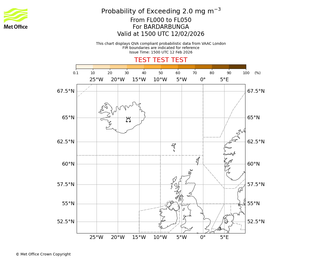 Probability of exceeding 2.0 milligrams per metre cubed. From 000 to 050 for BARDARBUNGA. Valid at 1500 UTC 12/02/2026