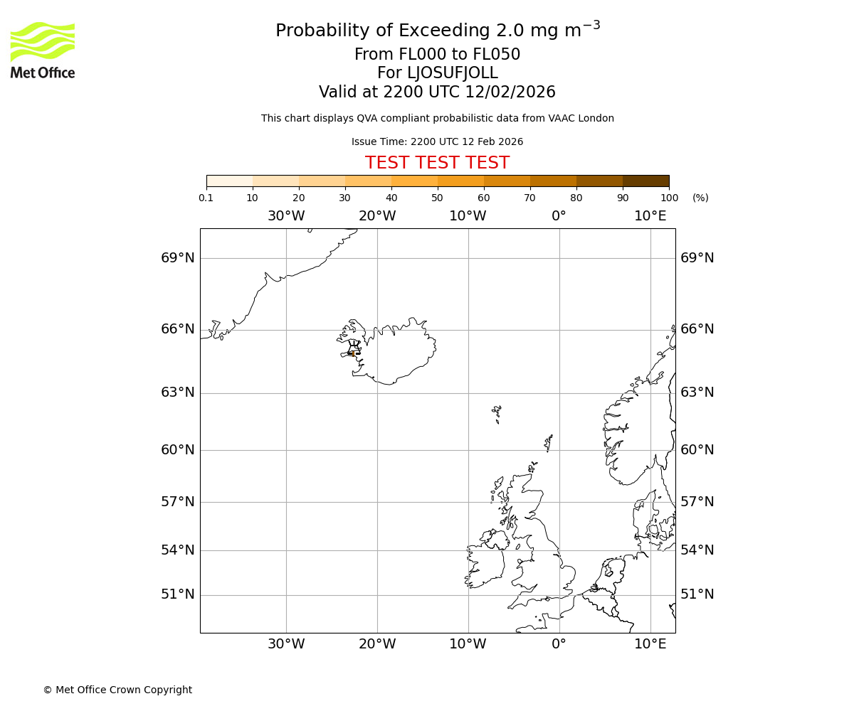Probability of exceeding 2.0 milligrams per metre cubed. From 000 to 050 for LJOSUFJOLL. Valid at 2200 UTC 12/02/2026